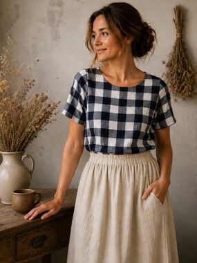 Women's Linen Blend Buffalo Plaid Gingham Top Navy White Button Back Size S